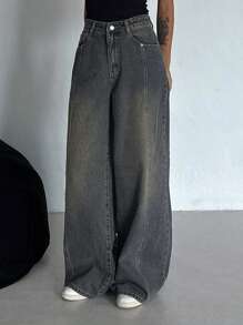 DAZY 女士秋季新款休闲直筒牛仔裤、宽松牛仔裤 - 藍色 - 查看 5