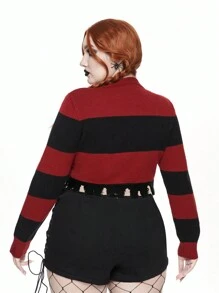 ROMWE Goth Pull court déchiré rayé rouge et noir pour l'Halloween, grande taille
