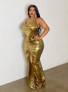 Slaydiva 大码优雅露背系腰修身低胸连衣裙 - 金色，秋冬款 - 金色 - 查看 5