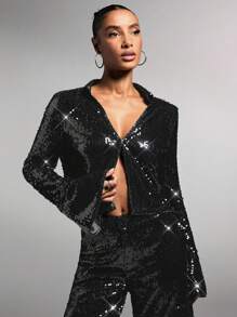 SHEIN BAE Women Fashionable Sequins Cropped Top, Spring Autumn - Black - View 5