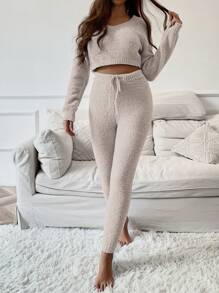 EMERY ROSE Bộ 2 áo len và váy trơn màu thường ngày, Thu/Đông - Màu be - Xem 4