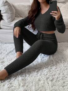 EMERY ROSE 2pcs Set: Solid V-Neck Long Sleeve Minimalist Sweater And Front-Tie Pants Fall Winter Cloth For Women - Black - View 6