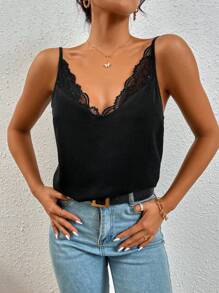 SHEIN Frenchy Solid Contrast Lace Trim Cami Top Summer Casual Black - Black - View 9