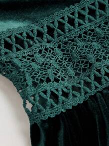 SHEIN Unity 大码女式春夏纯色撞色蕾丝灯笼袖优雅连衣裙 - 墨綠色 - 查看 4