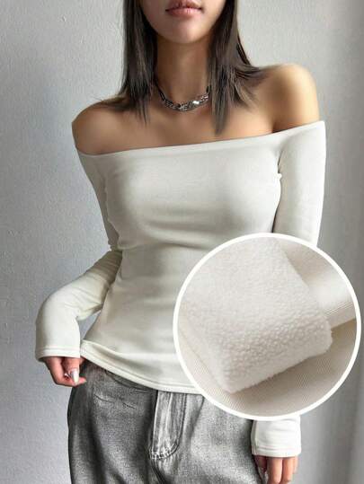 DAZY Women's Casual Solid Color Thickened One-Shoulder T-Shirt, Autumn/Winter Thermal Lined Long Sleeve Women
