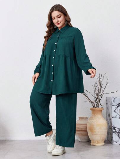 Graceveil 2 件加大码纯色前扣长袖休闲优雅裤套装，休闲 2 件套服装，适合旅行/休闲/居家/度假 2 件套