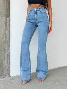 SHEIN Tall 高腰喇叭长款黑色高腰牛仔裤 - 淺色水洗藍 - 查看 6