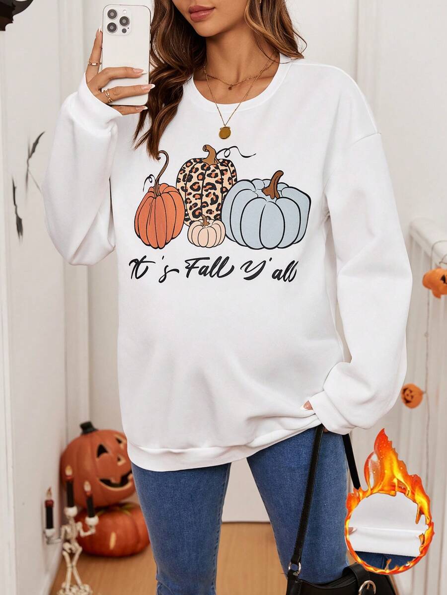 SHEIN Maternity Casual Pumpkin Print Round Neck Drop Shoulder T-Shirt, Spring Autumn Fall Top, Women Fall Clothes - White - View 1