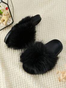 Girls Comfortable & Fashionable Plush Slippers, Summer - Black - View 5