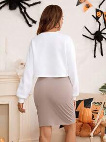 SHEIN 2pcs Maternity Halloween Costumes For Women: White Long Sleeve Sweatshirt And Adjustable Waist Ruched Skirt, Fall - Multicolor - View 2