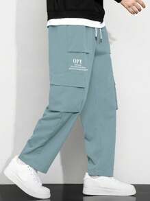 Manfinity Hypemode Men Loose Fit Slogan Graphic Flap Pocket Side Drawstring Waist Cargo Pants - Teal Blue - View 5