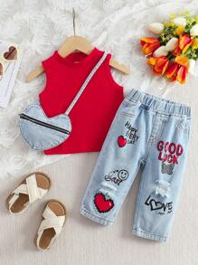 SHEIN Baby Girl Casual Solid Color Collar Top & Slogan Heart Printed Ripped Jeans Set, Spring Summer - Red - View 1