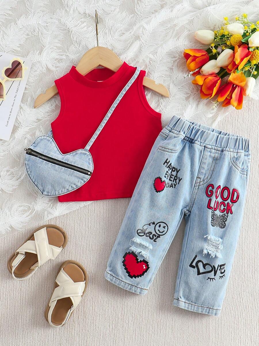 SHEIN Baby Girl Casual Solid Color Collar Top & Slogan Heart Printed Ripped Jeans Set, Spring Summer - Red - View 1