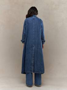 MISSGUIDED Langer Jeans-Trenchcoat, doppelreihig, bodenlang, Herbst-/Wintermantel, klassisches, zeitloses Vintage-Design - Blau - Übersicht 2