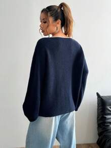 Flirla Suéter holgado de punto con bolsillo, de manga larga, con borde de color contrastante, para mujer, de otoño e invierno