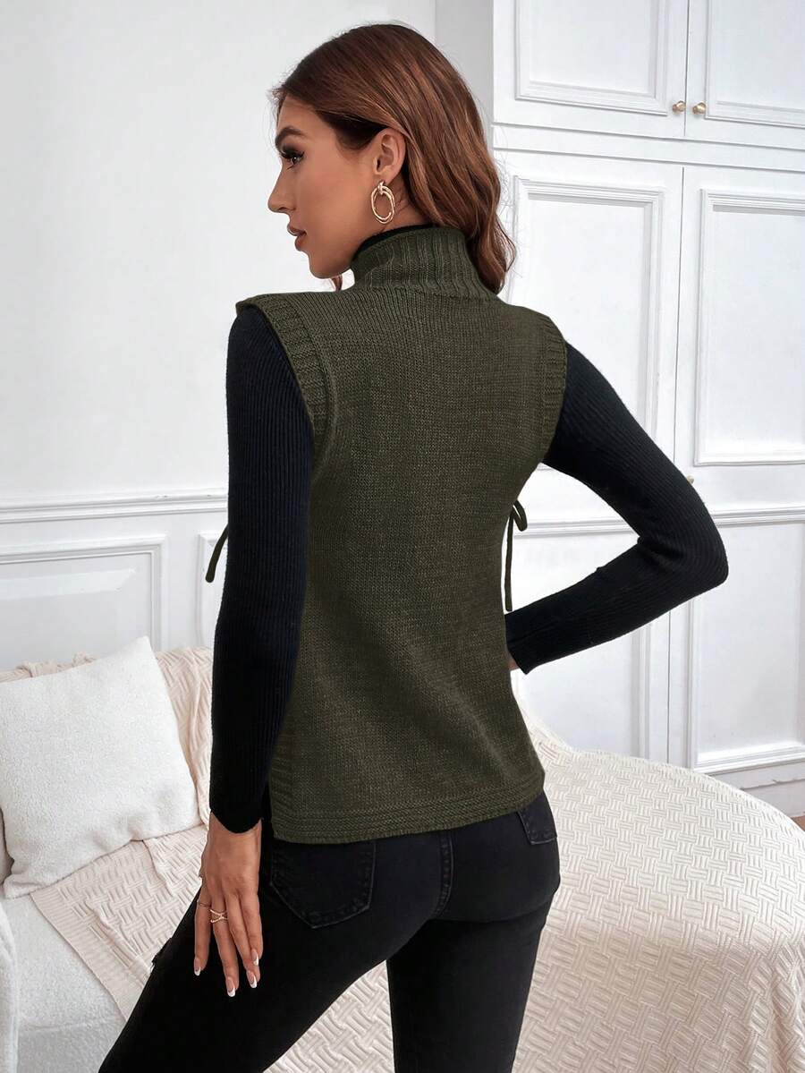 SHEIN LUNE Solid Color Turtleneck Sleeveless TieUp Simple Casual Knit