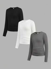 SHEIN ChillGRL 三件套少女休闲套装，收腰圆领修身短款长袖T恤，适合学校、校园、学院风秋冬穿着 - 彩色 - 查看 3