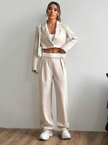 Flirla Women's Casual Solid Color Jacket And Pants Suit, Spring And Autumn Fall Cloth For Women - Apricot - View 4
