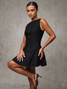 SHEIN BAE 女士纯色荷叶边下摆圆领无袖优雅迷你连衣裙，黑色返校节礼服，返校节礼服，短款礼服，黑色迷你连衣裙 - 黑色 - 查看 3