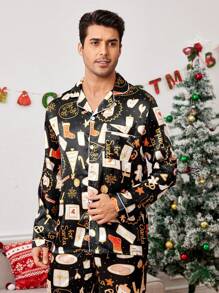 CoupledUp Regalos de Navidad para la pareja, conjunto de pijama de satén estampado para hombres - Negro - Ver 8