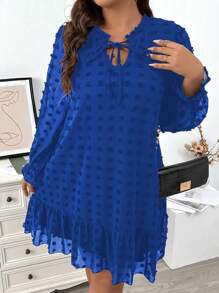 Celure Plus Size Women's Spring Summer Solid Color Tie Collar Long Sleeve Loose Straight Dress - Royal Blue - View 1