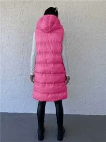 EURMUSE Flap Pocket Drawstring Hooded Puffer Vest Coat - Hot Pink - View 2