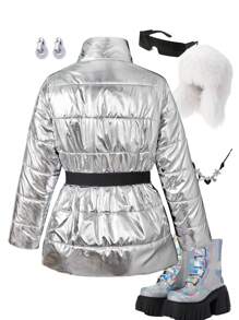 SHEIN Tween Girls 光面涂层防风防水拉链夹棉大衣，秋冬季保暖 - 銀色 - 查看 2