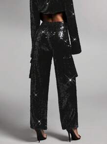 SHEIN BAE Quần ống đứng sequin thời trang nữ - màu đen - Xem 2