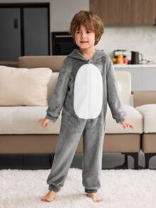 Young Boy Pajamas - 1pc Comfy & Warm Gray Minimalist Shark Pattern Hooded Jumpsuit (Daddy And Me Matching Outfits - Sold Separately) - Grey - View 5