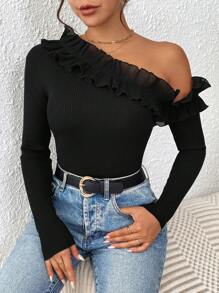SHEIN Clasi Jersey de manga larga con hombro asimétrico y ribete de volantes para mujer, color negro