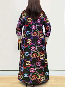 Plus-Size Women's Lip Pattern Printed Long Casual Jacket - Multicolor - View 2