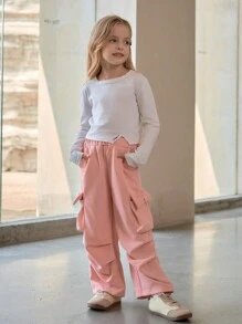 Girls'Baby Pink Bow Cargo Pants,Summer Back-To-School Practical Pockets Leg Workwear Sweet Style Autumn/Winter Decorated With Large Bow Cool Pants - Baby Pink - View 6