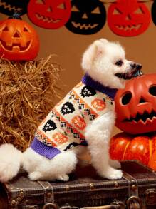 PETSIN 1pc Pet Cute Fall Halloween Pumpkin Skull Pattern Warm Fashionable Apricot Knitted Sweater - Multicolor - View 3
