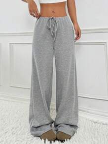 SHEIN EZwear Pantalones casuales rectos con cordón para mujer, ropa de calle de unicolor simple - Gris - Ver 3