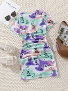 SHEIN Tween Girl Tie Dye Letter Graphic Ruched Side Tee Dress Summer Holiday - Multicolor - View 2