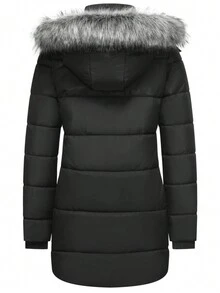 大码女式连帽厚夹克，可拆卸，厚衬里，中长款，保暖冬季外套 - 黑色 - 查看 2