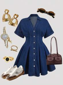 SHEIN MOD Plus Size Denim Midi Dress With Short Dropped Shoulder Sleeves And Flared Hem, Elegant,Midi Women Dresses,Renaissance Fair,Woman Denim Dresses,Thanksgiving Dress,Tea Party Dress,Fall Women Clothes Dress,Navy Blue Dress - Dark Wash - View 1