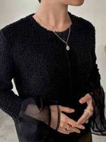 FRIFUL 女士修身网眼拼接喇叭袖纯色T恤，荷叶边长袖 - 黑色 - 查看 5
