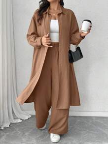 Elenzga 大码褶皱纹理面料领长袖长衬衫和宽松直腿裤两件套休闲装 - 摩卡棕 - 查看 4