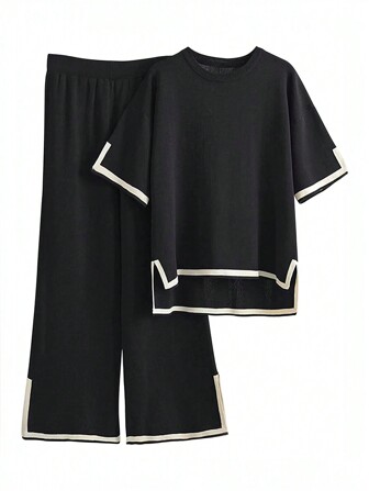 Conjunto de 2 piezas de top de manga corta de punto y pantalones para mujer