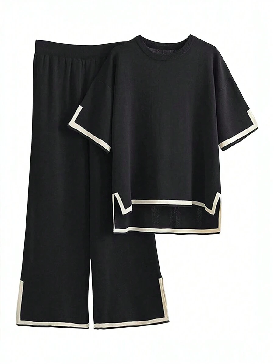 Women's Fashion Knit Short Sleeve Top And Pants 2-Piece Set - Black - View 1