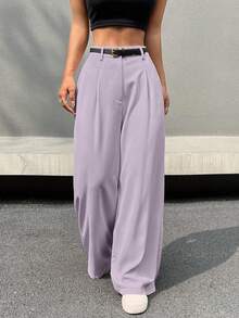 Muchica 纯色简约阔腿西裤，休闲日常穿着 - 淡紫色 - 查看 3