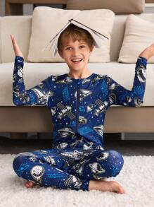 Tween Boy Luminous Starry Sky Print Snug Fit Pyjama Jumpsuit Vrijetijdskleding, Zwart, Lange Mouw