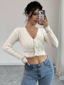 SHEIN Essnce 女士 V 领长袖短款优雅开衫，秋冬 - 米色 - 查看 4