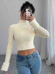 Chiquease Women's Solid Color Stand Collar Long Sleeve Patchwork Ruffled Hem Fitted Pullover Sweater, Autumn/Winter