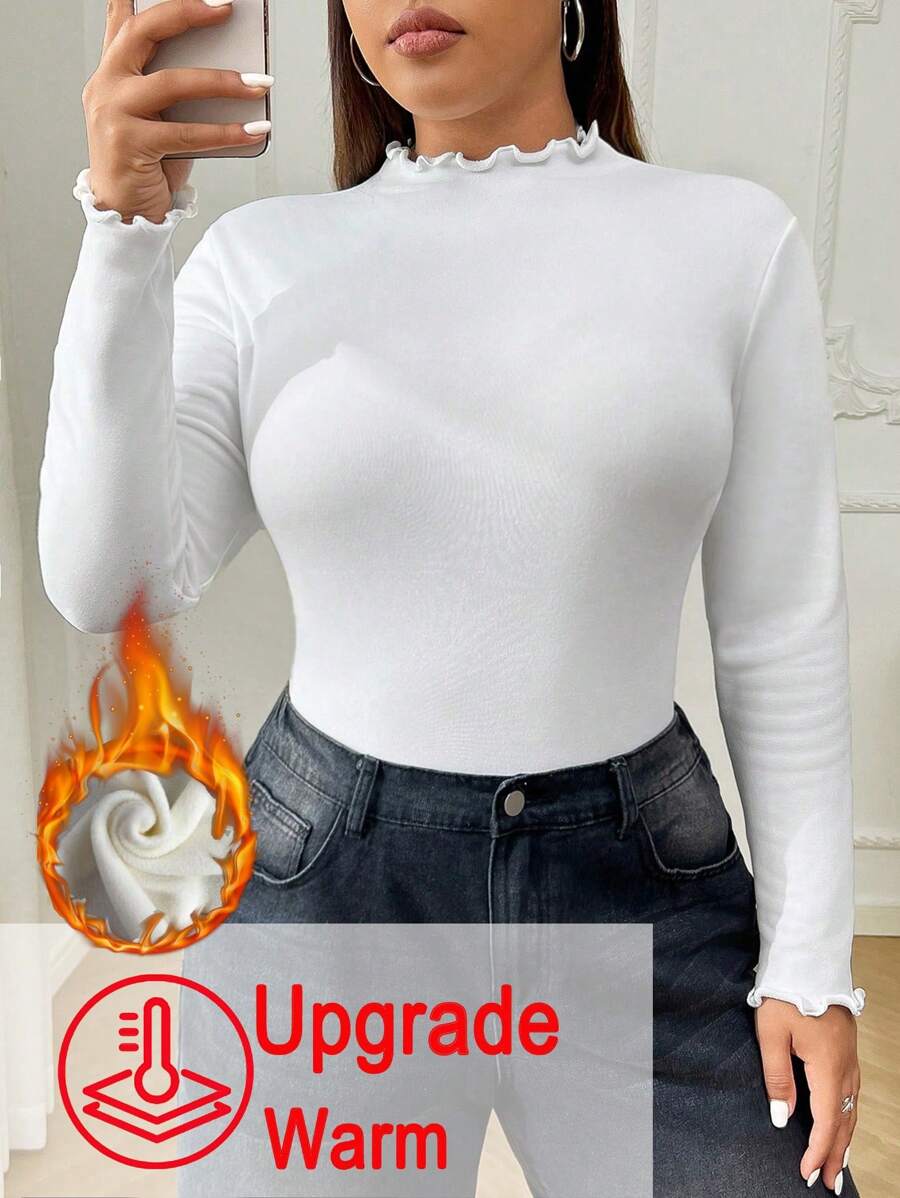SHEIN EZwear 大码女式升级版加厚保暖内衬立领长袖紧身 T 恤，秋冬保暖 - 白色 - 查看 1
