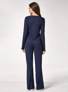 TaskEZ Set Scrub Uniforms - Simple Round Neck Long Sleeve Top And Pants - Navy Blue - View 2