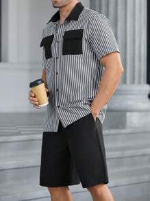 Manfinity Homme Men's Solid Color Patchwork Front Button Short Sleeve Shirt And Shorts Set - Black and White - View 1