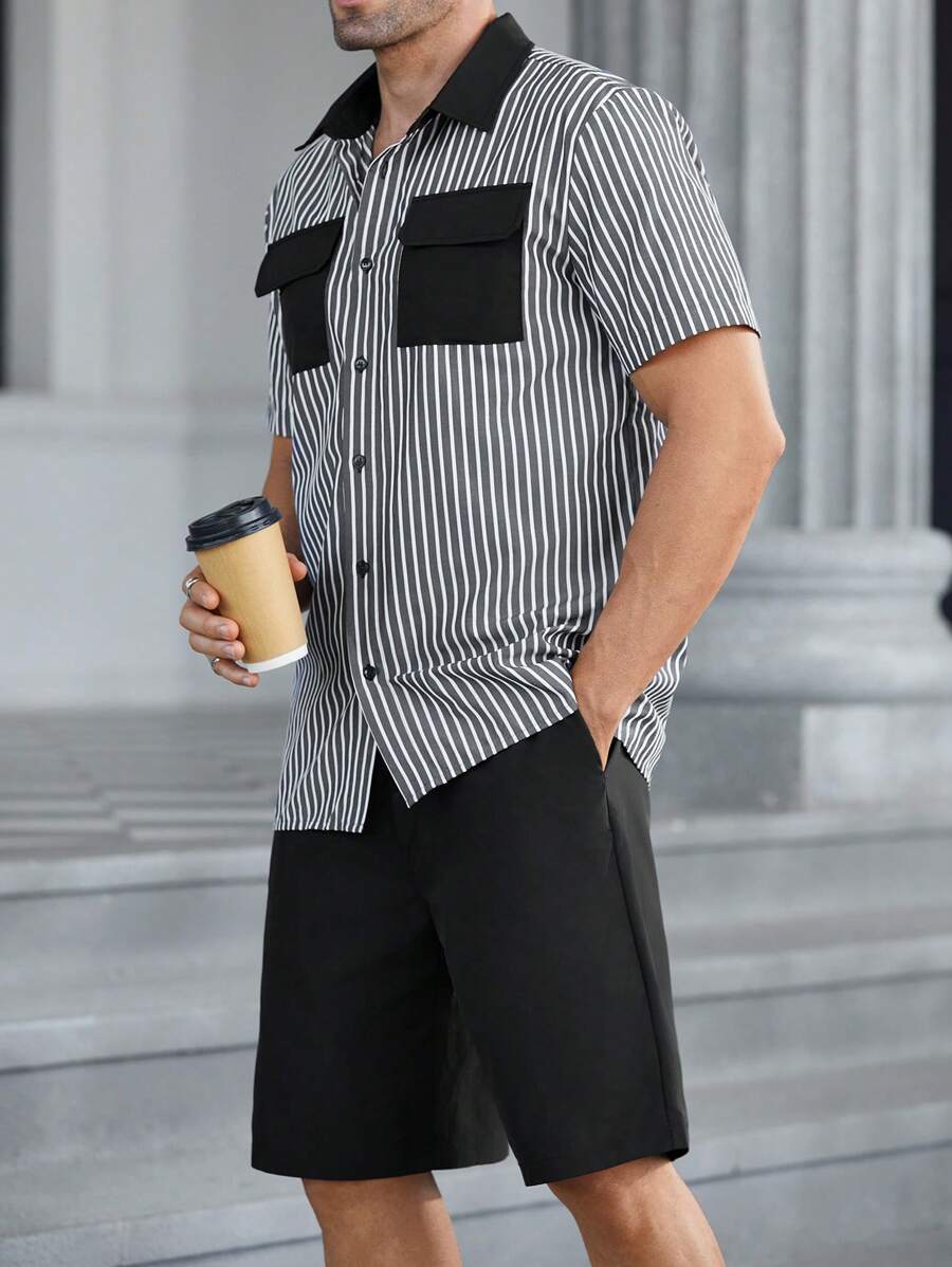 Manfinity Homme Men's Solid Color Patchwork Front Button Short Sleeve Shirt And Shorts Set - Black and White - View 1