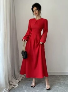 Elenzga 女士 A 字形褶皱长袖连衣裙 - 紅色 - 查看 4
